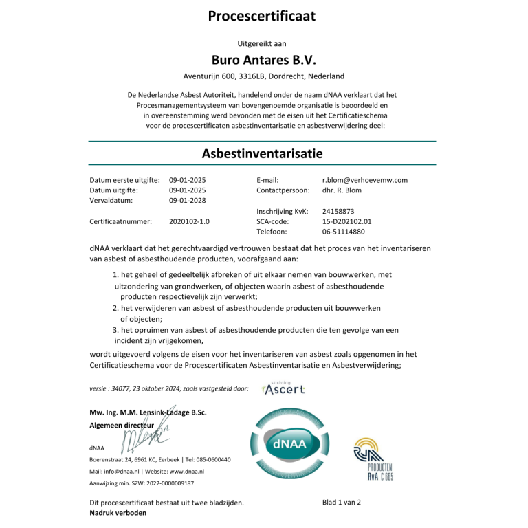 Het procescertificaat asbestinventarisatie van Buro Antares