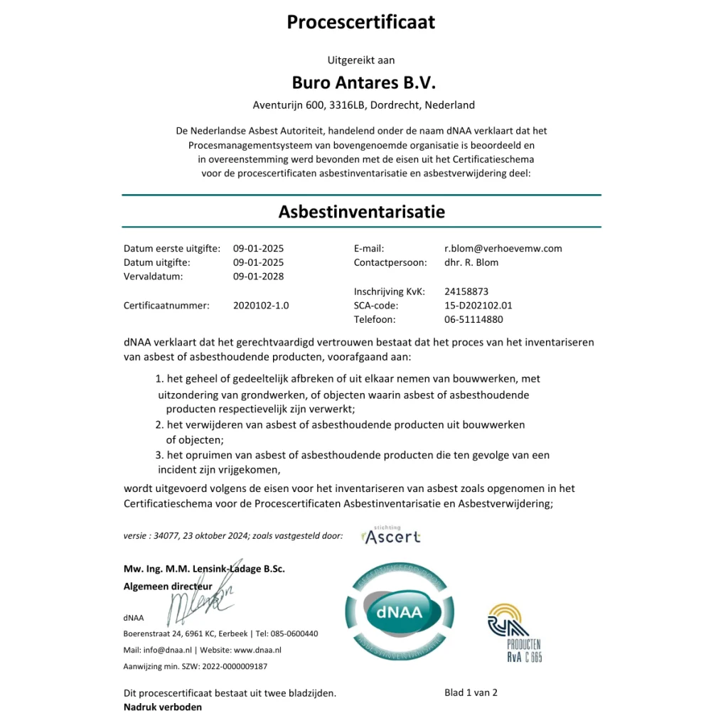 Het procescertificaat asbestinventarisatie van Buro Antares